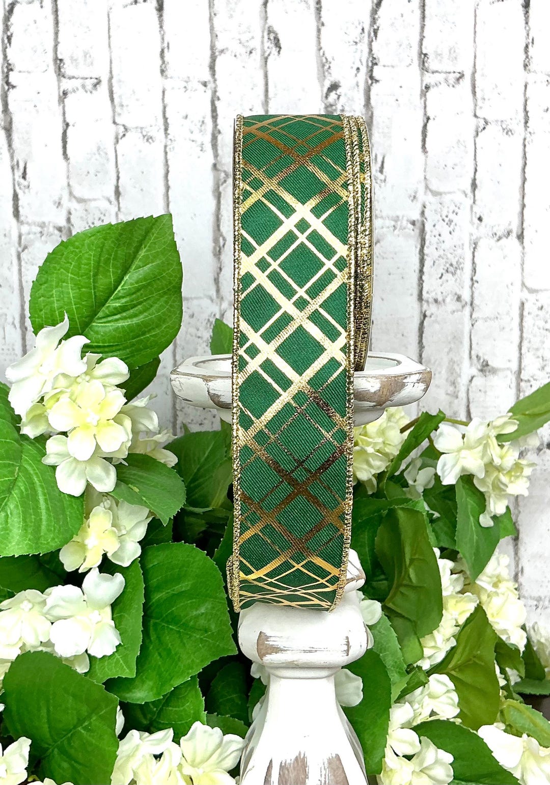 Hunter Strong Ribbon Hunter Green Ribbon With Metallic Gold Diagonal Lines Design, 1.5”x10yd ...