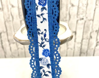 Blue Rose Ribbon: White with Scalloped Lace Edge