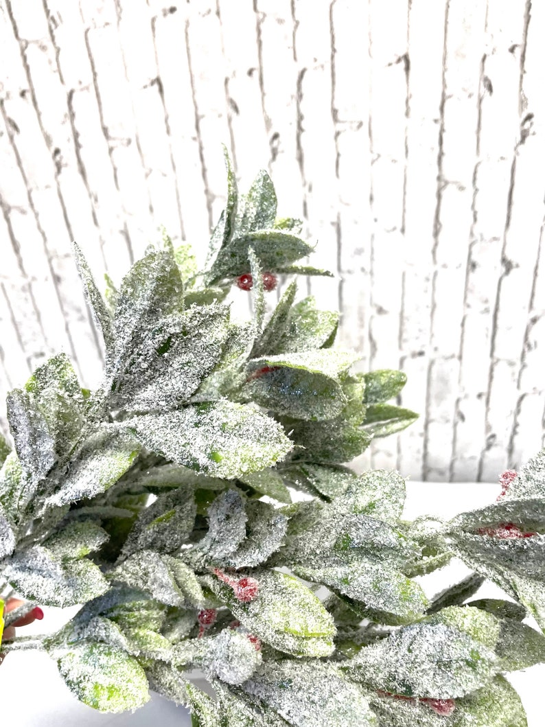 Puede incluir: Primer plano de una planta artificial verde y blanca con peque&ntilde;as bayas rojas. Las hojas est&aacute;n cubiertas de un polvo blanco, creando una apariencia helada. El fondo es una pared de ladrillos blancos.