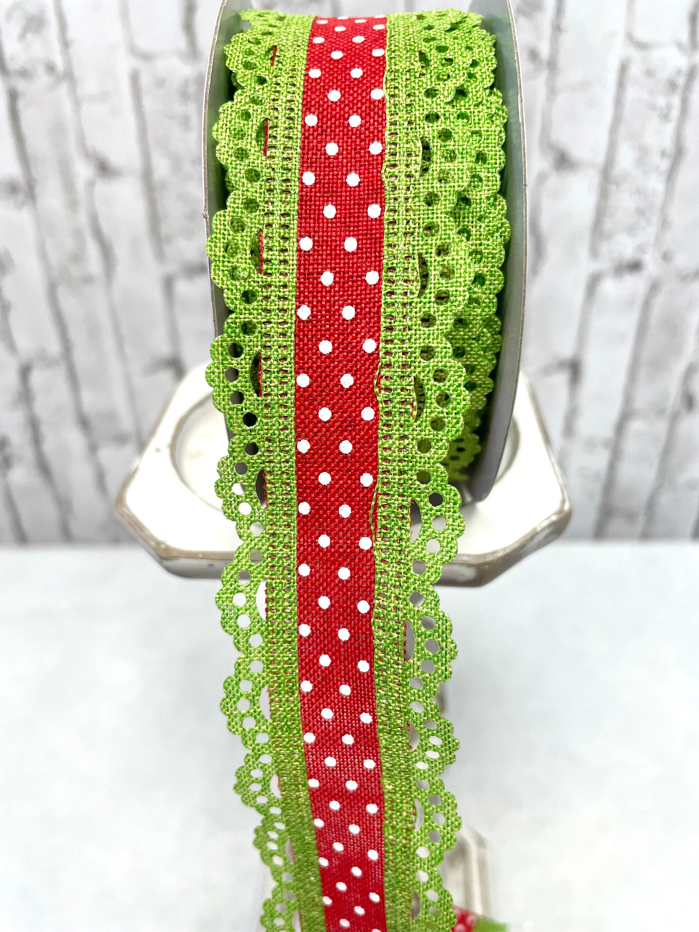 Poca Ribbon Christmas Ribbon, RGO8869T9, Red Poka Dot Ribbon With Green Scalloped ...