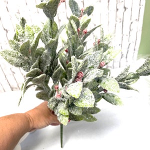 Puede incluir: Un ramo de vegetaci&oacute;n artificial con hojas verdes, bayas rojas y purpurina blanca. Los tallos son de color verde oscuro. La vegetaci&oacute;n es sostenida por una mano.