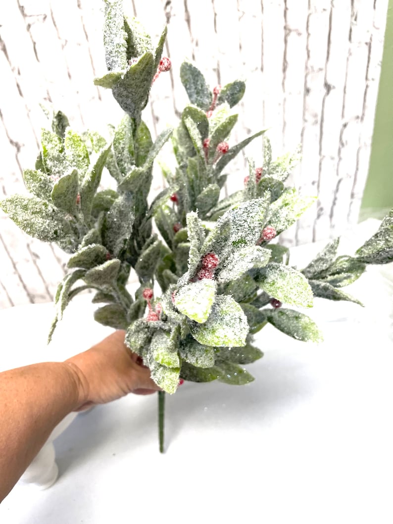 Puede incluir: Un ramo de vegetaci&oacute;n artificial con hojas verdes, bayas rojas y purpurina blanca. Los tallos son de color verde oscuro. La vegetaci&oacute;n es sostenida por una mano.