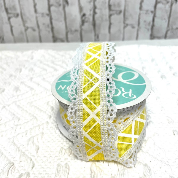 Yellow check ribbon with lace trim, RGA856529, 1.5 yellow ribbon with lace trim, spring ribbon, summer ribbon, everyday ribbon