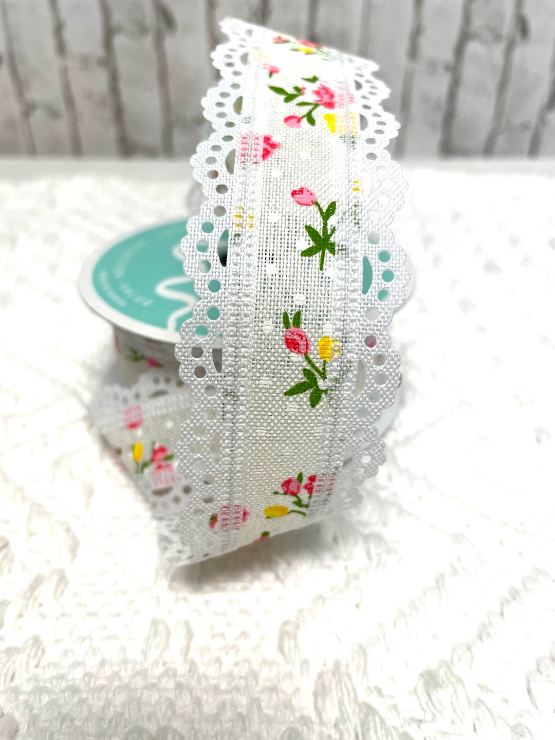 Vintage Floral Ribbon With Lace Trim, RGA856737, White Floral Ribbon