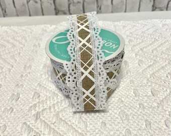 Lace Edge Burlap Ribbon: Natural Line Check, 1.5"