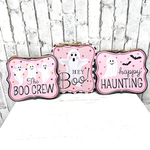Pink Ghost Metal Sign Set: Halloween Decor