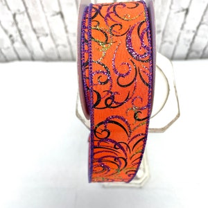 orange burlap with purple glitter swirls, RGF133020, Halloween ribbon, orange purple swirl ribbon.