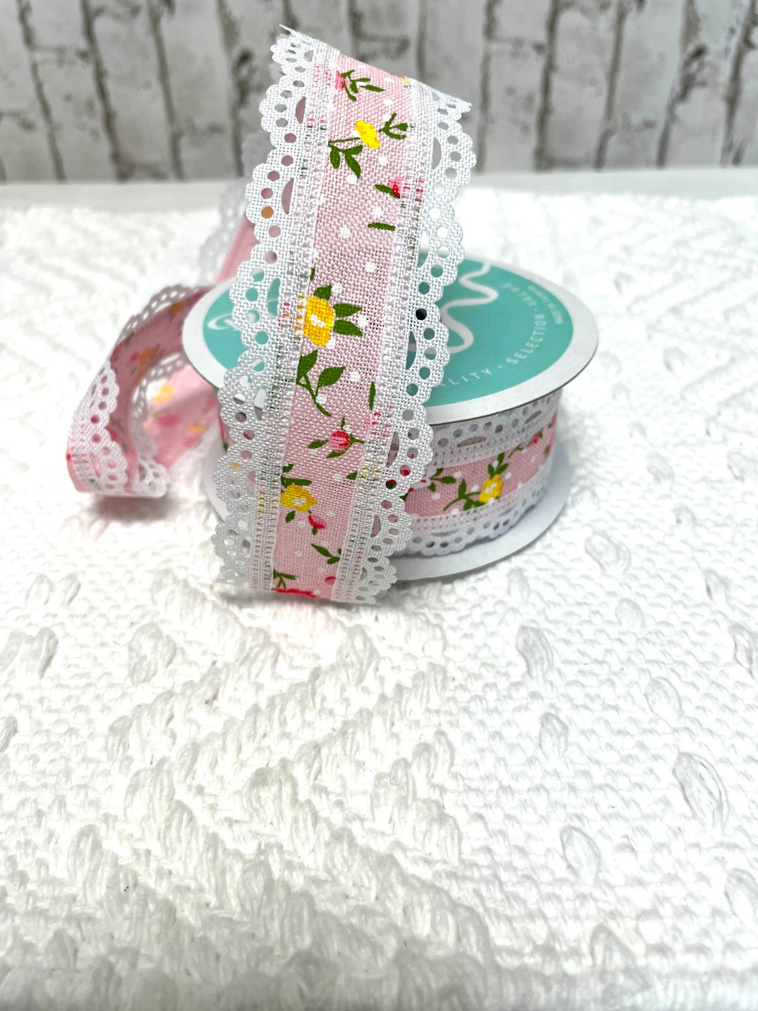 Pink Vintage Floral Ribbon With Lace Trim, RGA856715, Pink Floral Ribbon, Spring Ribbon, Summer