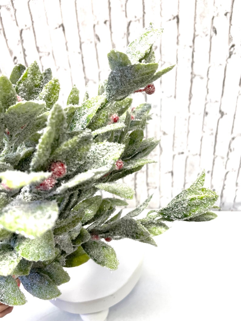 Puede incluir: Primer plano de una planta artificial decorativa con hojas verdes y peque&ntilde;as bayas rojas, espolvoreadas con una capa de escarcha blanca. La planta est&aacute; en una maceta blanca de estilo pedestal, creando una est&eacute;tica festiva y invernal.