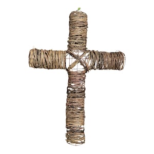 May include: A handcrafted, rustic cross made of woven brown twigs. The cross has a traditional shape with a vertical beam and a horizontal beam. The twigs are tightly woven together, creating a textured surface. A green string is attached at the top for hanging.