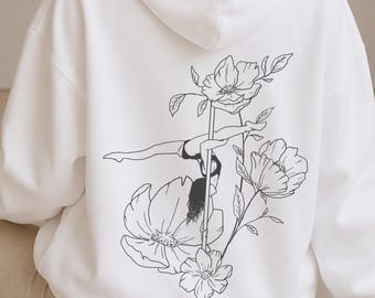 Pole Dance Hoodie, Floral Line Art Hoodie, Pole Fitness Clothing, Botanical Gift, Aerial Lover Apparel