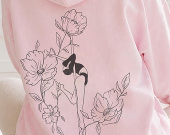 Floral pole dance hoodie, elegant pole fitness sweatshirt, line art
