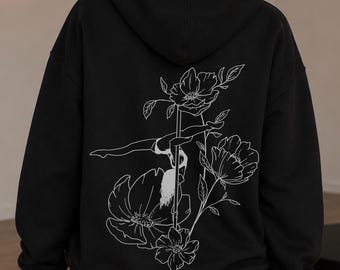 Pole Dance Hoodie, Floral Pole Fitness Hoodie, Fine Line Botanical Artwork, Training Gift, Studio Fashion
