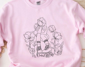 Roller Skating Sweatshirt For Girls Skater Sweater Roller Blades Gift Cozy Roller Skating Sweater Skating Fun Floral Rollerskates Jumper