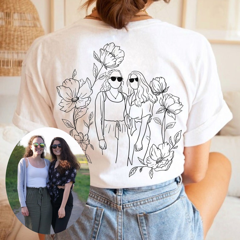 Personalization Photo Tshirt Custom Portrait From Photo Shirt Floral Portrait Line Art Photo Tshirt Custom Photo Gift Photo Outline Shirt image 1