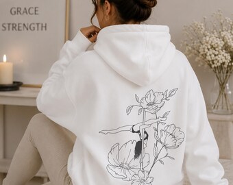 Pole Dancer Hoodie, Floral Botanical Artwork, Pole Training Apparel, Studio Gift, Fine Line Illustration
