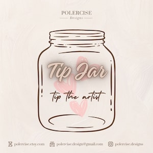Puede incluir: Una ilustración dibujada a mano de un frasco de vidrio con el texto "Tip Jar" y "Tip the artist" en su interior. El frasco está lleno de corazones rosas.