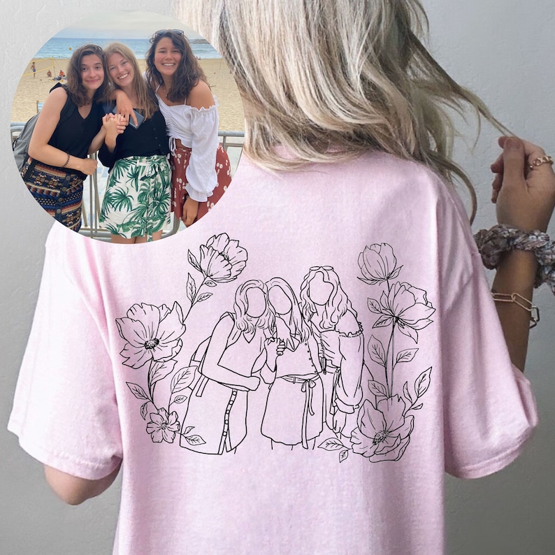 Personalization Photo Tshirt Custom Portrait From Photo Shirt Floral Portrait Line Art Photo Tshirt Custom Photo Gift Photo Outline Shirt image 3