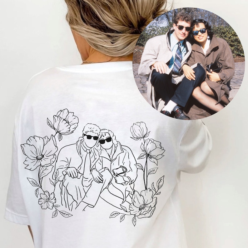 Personalization Photo Tshirt Custom Portrait From Photo Shirt Floral Portrait Line Art Photo Tshirt Custom Photo Gift Photo Outline Shirt image 6