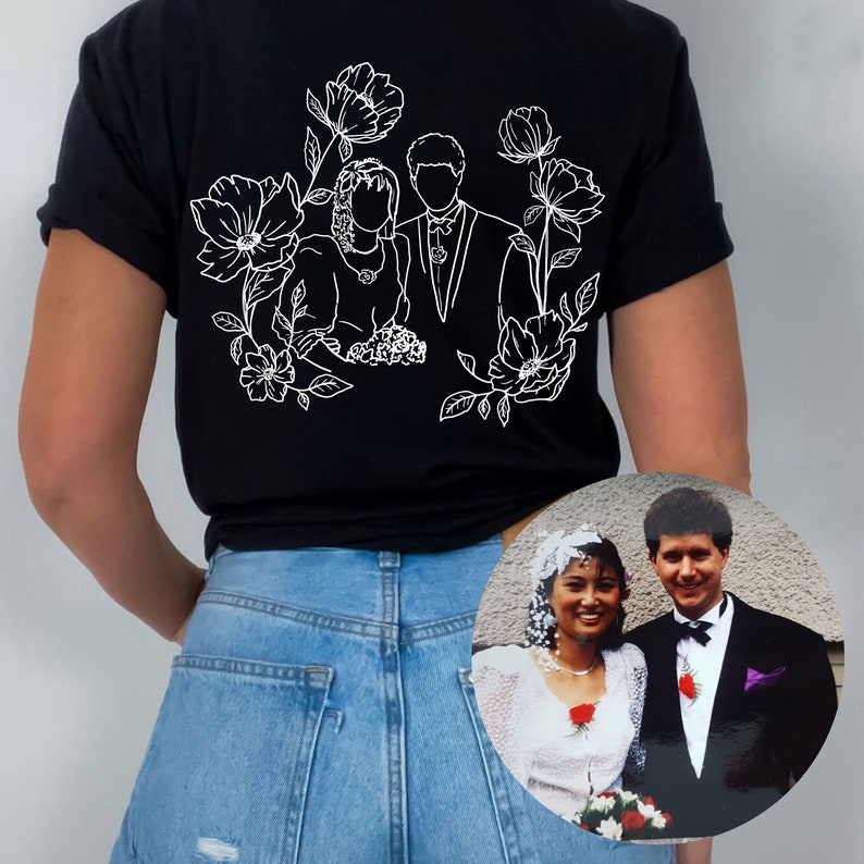 Personalization Photo Tshirt Custom Portrait From Photo Shirt Floral Portrait Line Art Photo Tshirt Custom Photo Gift Photo Outline Shirt Bild 5