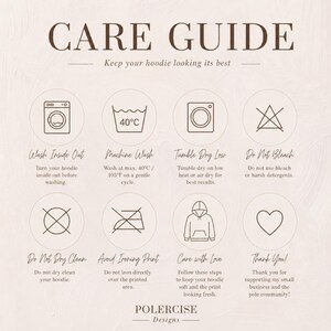 May include: A care guide for a hoodie with the title CARE GUIDE and the subtitle Keep your hoodie looking its best. It features eight circular icons with text instructions for washing, drying, and maintenance, including a heart and the brand name POLERCISE Designs.