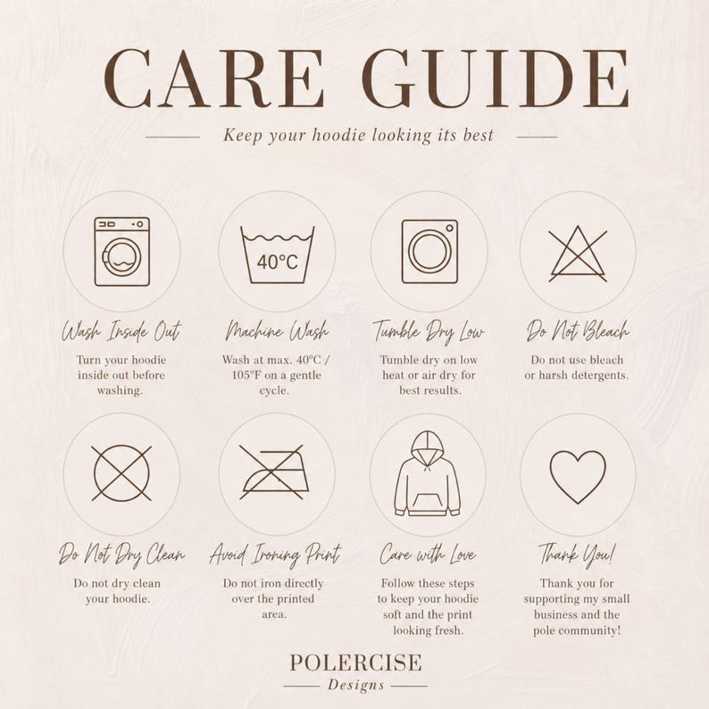 May include: A care guide for a hoodie with the title CARE GUIDE and the subtitle Keep your hoodie looking its best. It features eight circular icons with text instructions for washing, drying, and maintenance, including a heart and the brand name POLERCISE Designs.