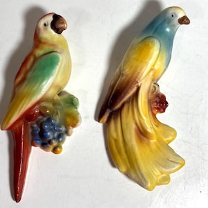 May include: Two ceramic wall plaques shaped like birds. The left bird is a parrot with red, yellow, and green feathers perched on blue grapes. The right bird is a blue and yellow bird with long tail feathers and a small cluster of red berries.