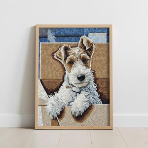 May include: A framed mosaic art print of a Wire Fox Terrier dog. The dog is depicted in a box, with a brown and white coat, and a black nose. The mosaic is made of small, square tiles in shades of brown, white, and blue.