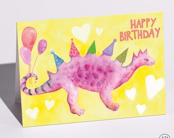 Birthday Card, Pink Creature with Balloons and Party Hats, Cute Illustration