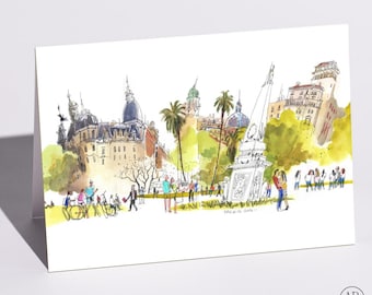 Just Because Card, Buenos Aires City Plaza Scene, Belle Epoque Architecture Art Print