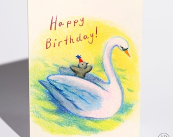Happy Birthday Card, Swan Illustration, Hand Drawn Fine Art Print, Blank Inside