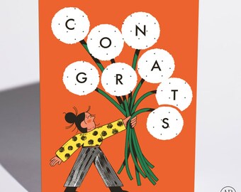Congratulations Card, Woman Holding Flower Bouquet, Playful Illustration, Blank Inside