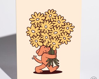 Love Card, Flowers For You, Dog Delivering Flowers Illustration