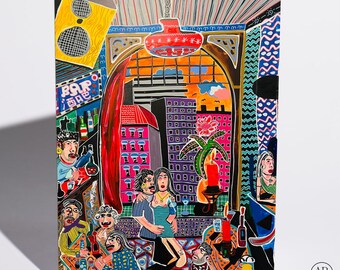 Birthday Card, Bar Somewhere Party, Neon Bar Scene Art, Blank Inside