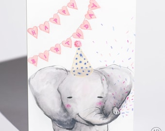 Birthday Card, Elephantastic Birthday Elephant with Party Hat, Cute Illustrated Card, Blank Inside