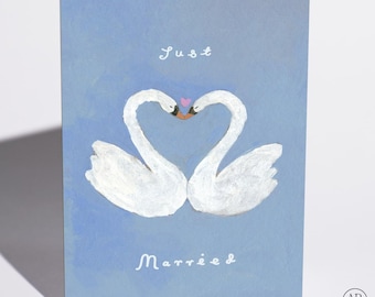 Wedding Card, Two Swans with Heart, Hand Painted Art, Newlyweds Congratulations