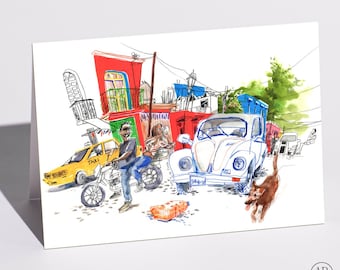 Just Because Card, Oaxaca Street Scene, Mexico Travel Art, Blank Inside