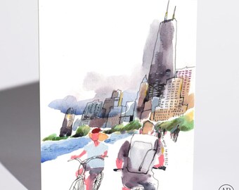 Just Because Card, Lakefront Ride, Chicago Skyline Cyclists, City Bike Art Print