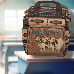 Sac à dos occidental personnalisé pour bovins Brahman, sac de rentrée, couverture de selle et sac à langer occidental imprimé en cuir, cadeau de Noël occidental