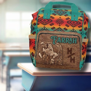 Paire de sacs à dos occidentaux personnalisés Hereford vache veau, couverture de selle aztèque du sud-ouest, sac à langer design, cadeau bébé occidental, cartable de rentrée