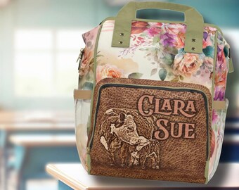 PERSONALIZED Hereford Cattle Floral Backpack Diaper Bag, Rustic Cowgirl Western Christmas Gift, Cowgirl School Backpack or Western Baby Gift