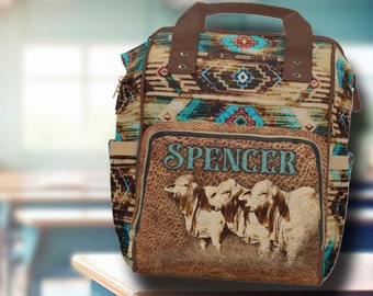 PERSONALIZED Brahman Cattle Saddle Blanket Western Rucksack, Custom Western Windeltasche - Back to School Cowboy Cowgirl Rodeo Gift Award Bag