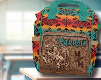 PERSONALIZED Hereford Kuh-Kalb-Paar-Western Rucksack, Südwesten Azteken-Sattel-Decke-Design-Wickeltasche Western-Baby-Geschenk, Schultasche