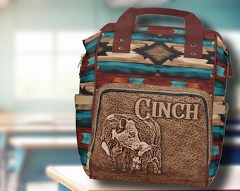 PERSONALISIERTE Western Hereford Cattle Top Griff Rucksack, druckvolle aztekische Satteldecke Western Windeltasche, Cowboy Cowgirl Back to Schultasche
