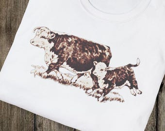 Horned Hereford Cow & Calf T-Shirt, Calving Season Tshirt, Sweet Mama Cow Tee, Ranch Wife Cowgirl Ranch Mom shirt, Farm Mom Gift Shirt