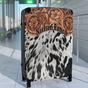 Personalized Western Suitcase  - DIGITALLY PRINTED HairOn Cowhide & Carved Leather Design - Customize/Personalize with Name or Cattle Brand