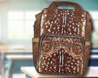 PERSONALIZED Back to School Western Backpack, Axis Deer Skin & Carved Leather Look in a PRINTED Design. Unique Western Christmas Gift