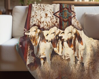 Brahman Cattle Plush Sherpa Blanket (Horizontal Print) Warm Couch Throw, Western Christmas Gift, Western Wedding Gift, Rustic Ranch Decor