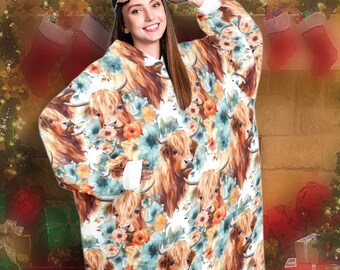 Highland Cow & Butterflies OVERSIZED GIANT Blanket Hoodie Full Body Snuggle Sack Hoodie Cute Western Christmas Gift for Cowgirls of all ages