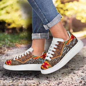 Women&#39;s Hair-On Cowhide, Carved Leather & Saddle Blanket Design Leather Sneakers Tennis Shoes Western Christmas Gift for Mom, Wife, Daughter